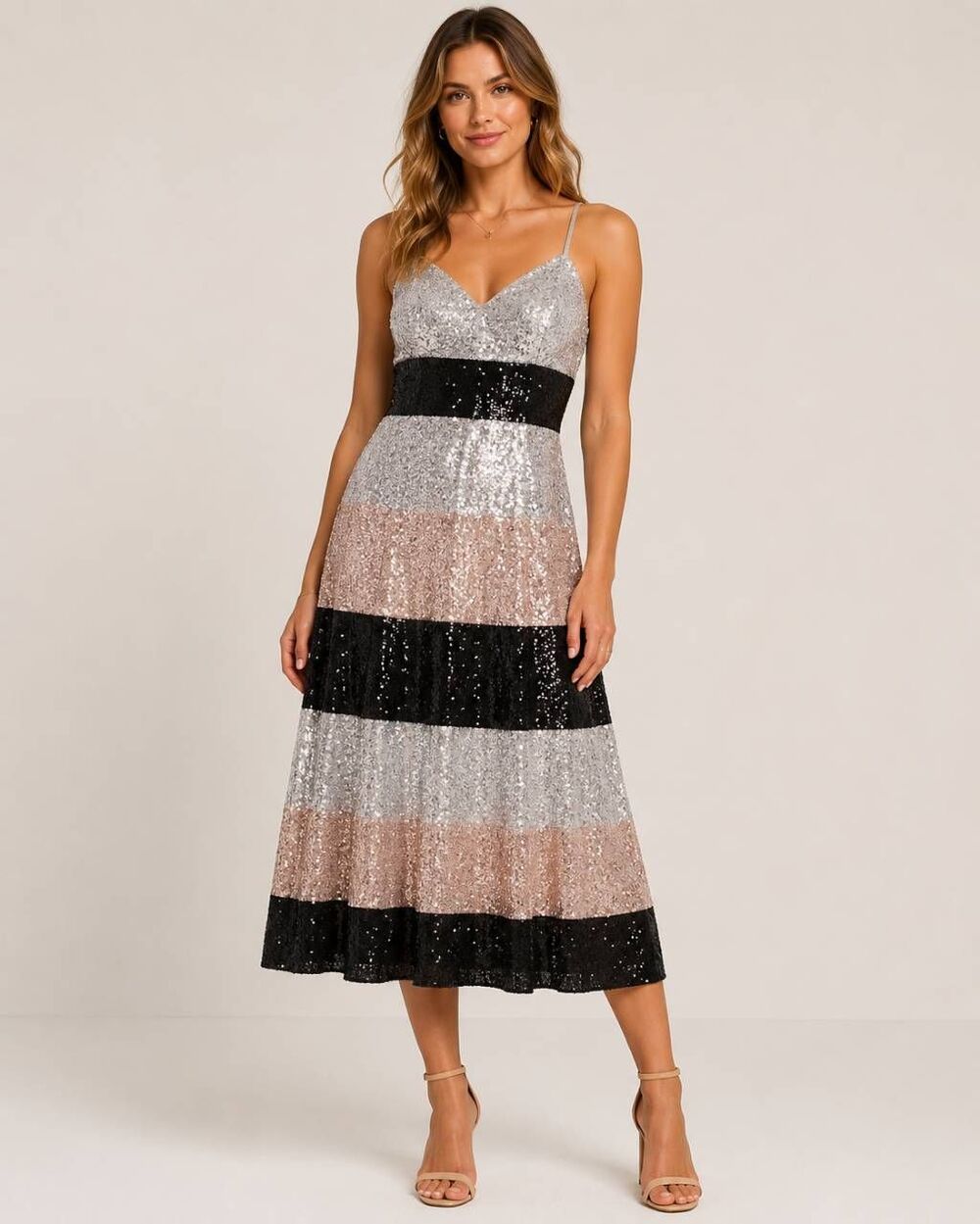 Maison Tara Size 8 Sequin Color Block Midi Dress Gold Black Silver NWT $129